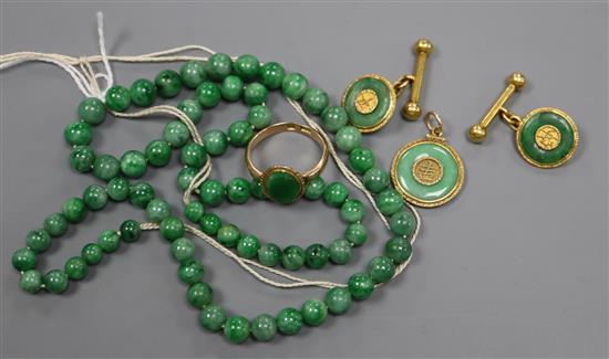 A group of Chinese jadeite jewellery, including a necklace, ring stamped 15, yellow metal pendant and pair of cufflinks